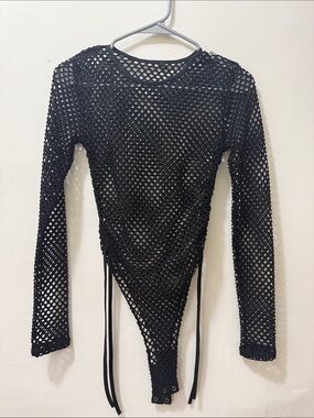 Black Fishnet Long Sleeve Bodysuit - Women Tops Bodysuits